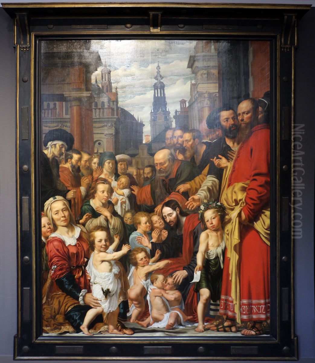 Portrait historie of Michel Poppen and his family, with a self-portrait of the artist Oil Painting by Werner van den Valckert