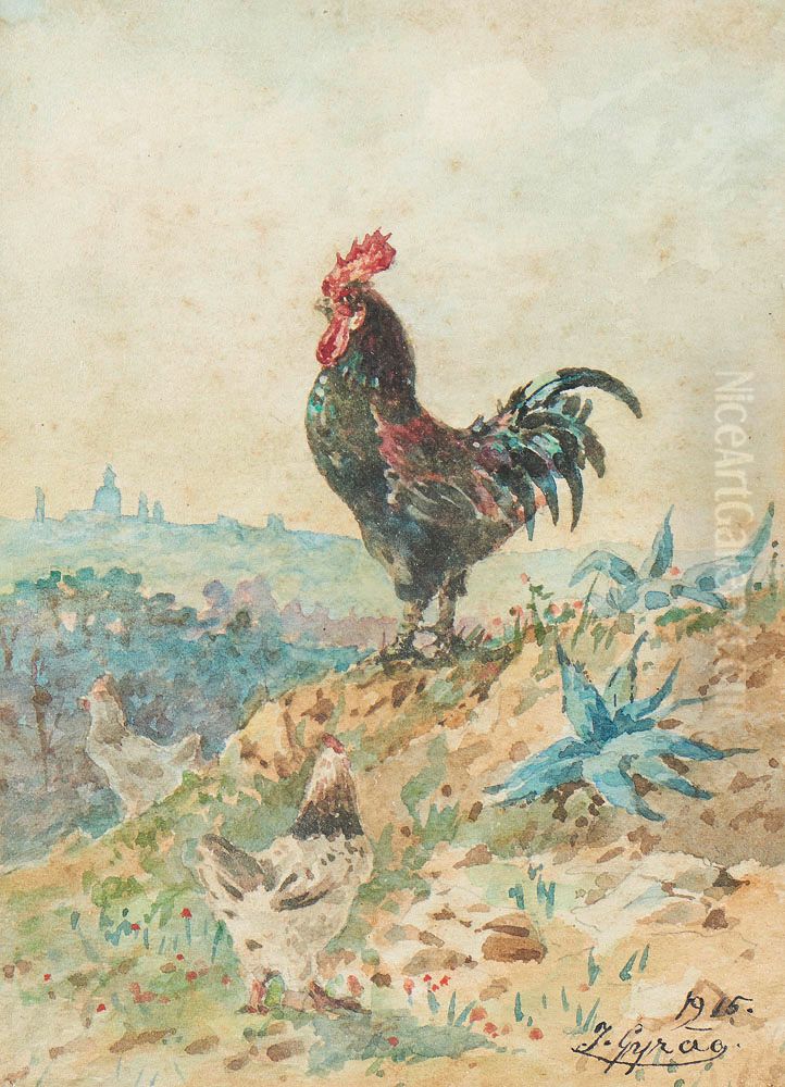 Rooster and view of Lisbon with the Basilica of Estrela in the background Oil Painting by unknown