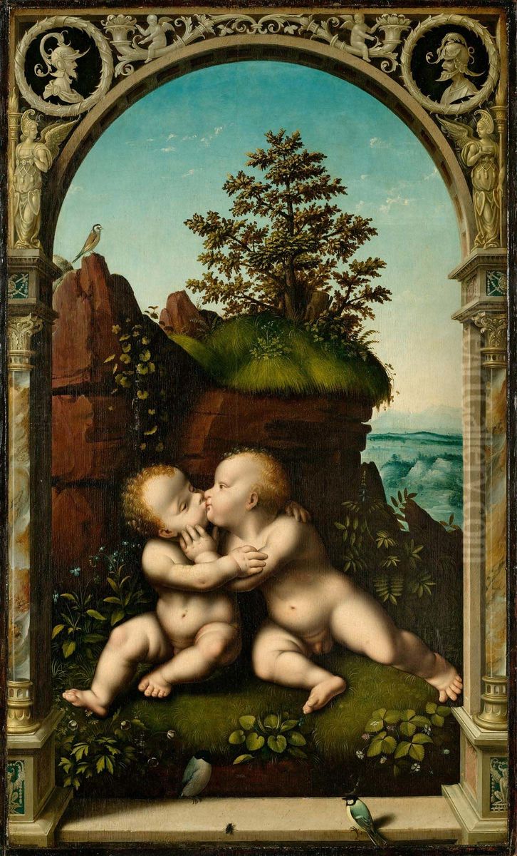 Holy Infants Kissing Oil Painting by Joos van Cleveand workshop