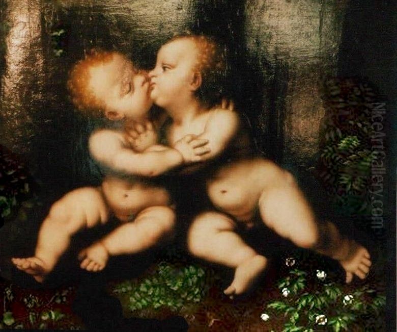 Holy Infants Kissing Oil Painting by Leonardo Da Vinci