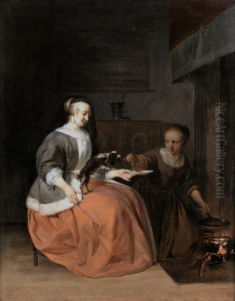 Young woman and maidservant feeding a pancake to a dog Oil Painting by Gabriel Metsu