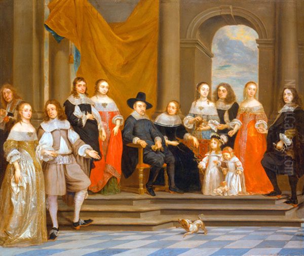 Group portrait of the family of Melchior de Stanza (?-?) with a servant and a self-portrait Oil Painting by Gonzales Coques