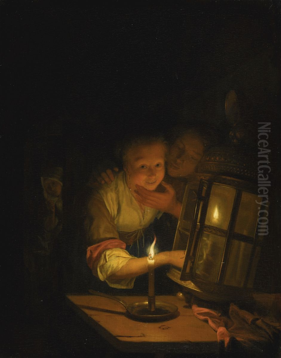 An amorous couple caught lighting a lantern Oil Painting by Godfried Schalcken