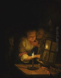 An amorous couple caught lighting a lantern
