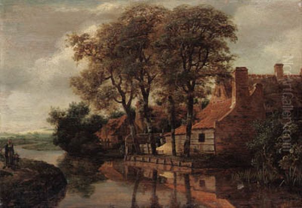 A Farmyard, behind some trees on the banks of a brook Oil Painting by Meindert Hobbema