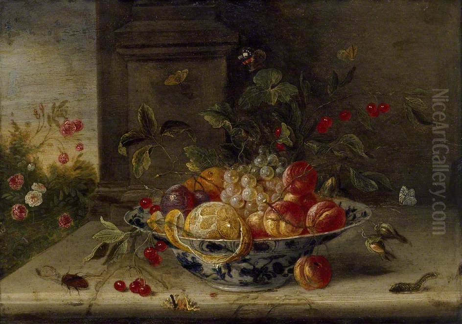Decorative Still-Life Composition with a porcelain Bowl, Fruit and Insects Oil Painting by Jan van Kessel the Elder