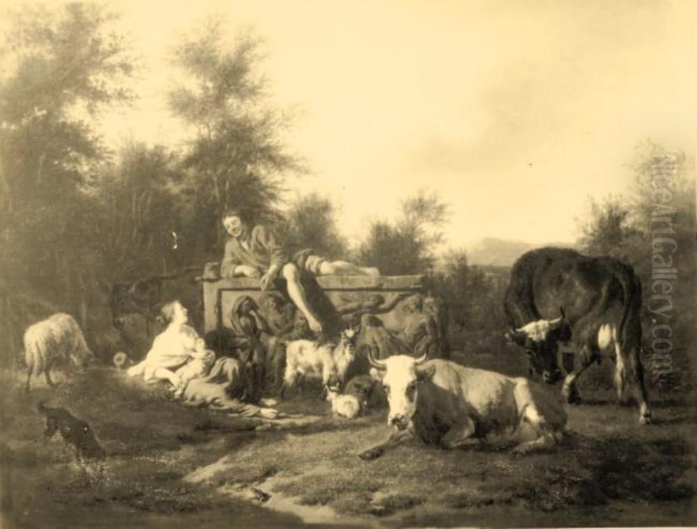 Italianate landscape with a shepherd lying on a sarcophagus and a shepherdess suckling a child Oil Painting by Adriaen Van De Velde