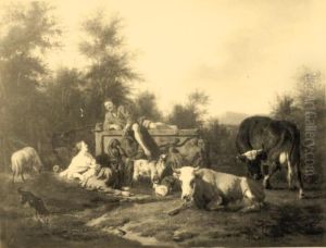 Italianate landscape with a shepherd lying on a sarcophagus and a shepherdess suckling a child