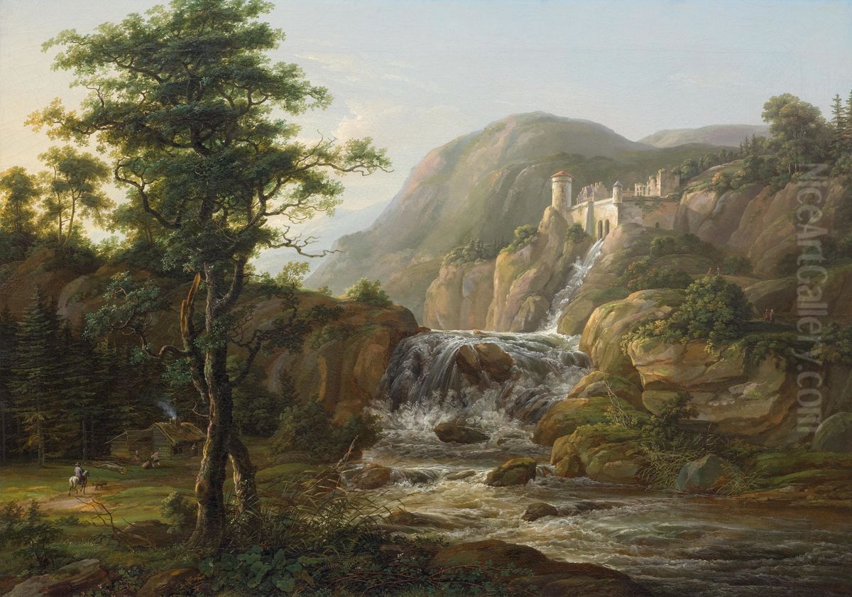 Mountain landscape with waterfall, castle and traveler on horseback in front of a hut Oil Painting by Johan Wilhelm Ludwig Dahl