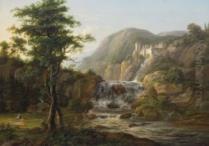 Mountain landscape with waterfall, castle and traveler on horseback in front of a hut