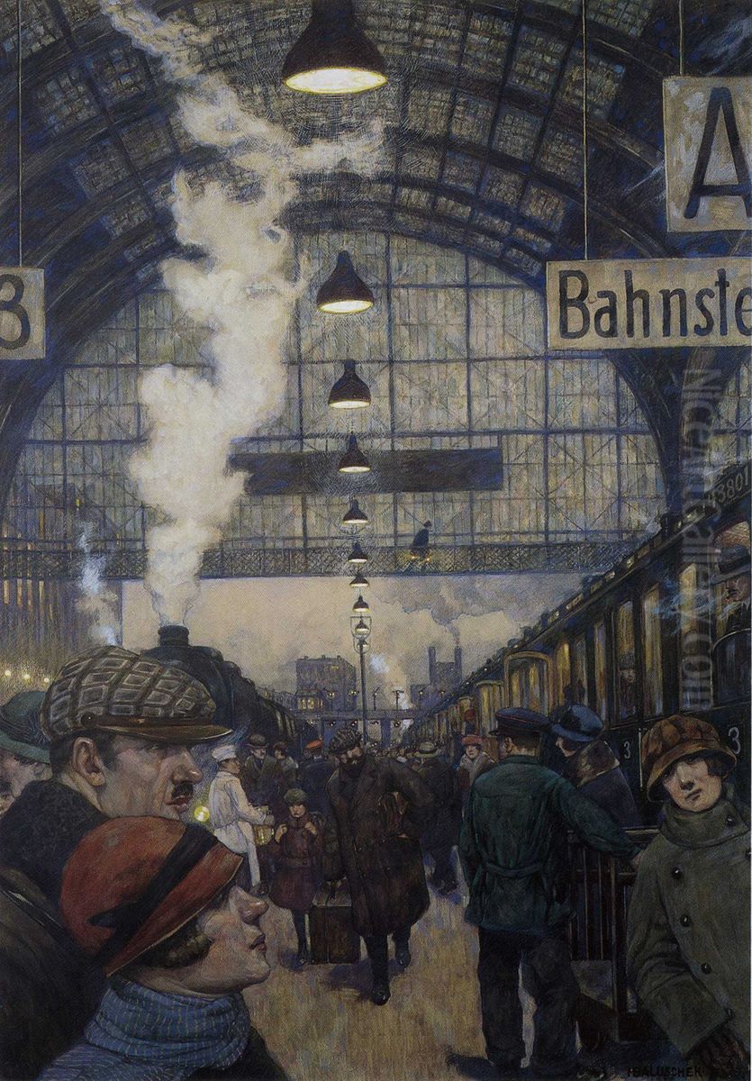 Train station (Lehrter Bahnhof) Oil Painting by Hans Baluschek