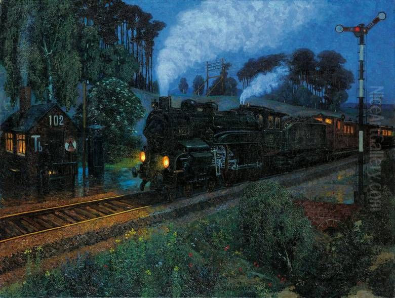Speeding express train Oil Painting by Hans Baluschek