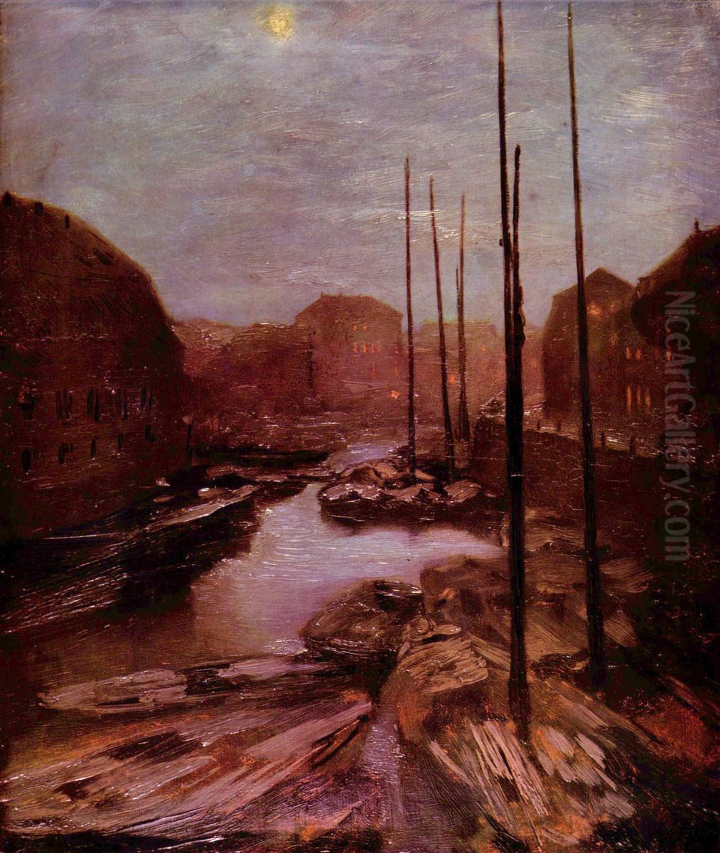 Friedrichsgracht by moonlight Oil Painting by Adolph von Menzel