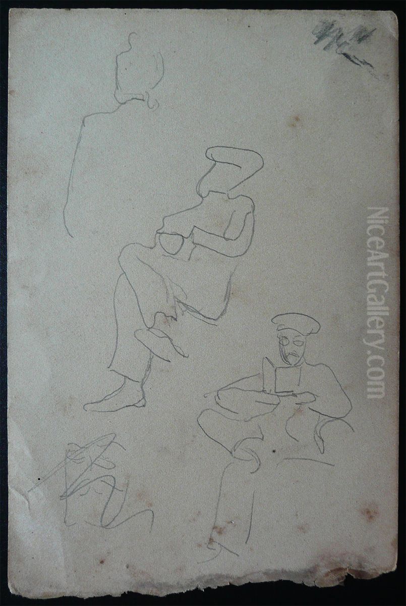 Figuras sentadas a bordo - Desmembrado de um caderno de anotacoes - verso da obra D907 Oil Painting by Eliseu Visconti