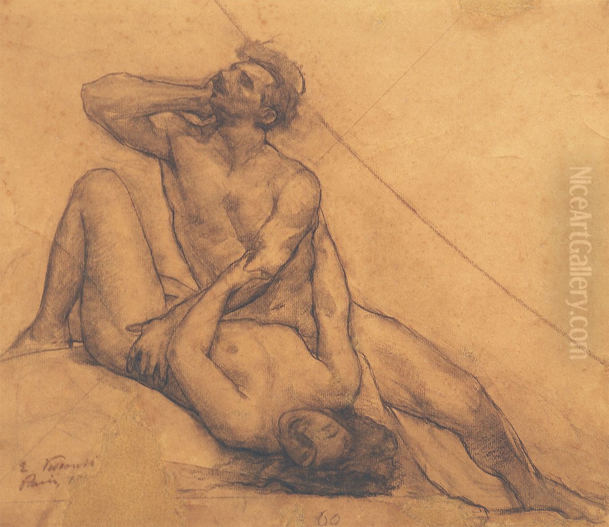 Casal Francesca da Rimini e Paolo Malatesta - Alegoria ao drama - Estudo de detalhe para o triangulo do teto sobre a plateia do Theatro Municipal do Rio de Janeiro Oil Painting by Eliseu Visconti