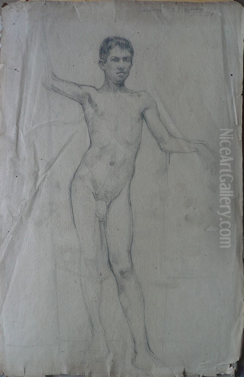 Nu masculino de frente - verso da obra D496 Oil Painting by Eliseu Visconti