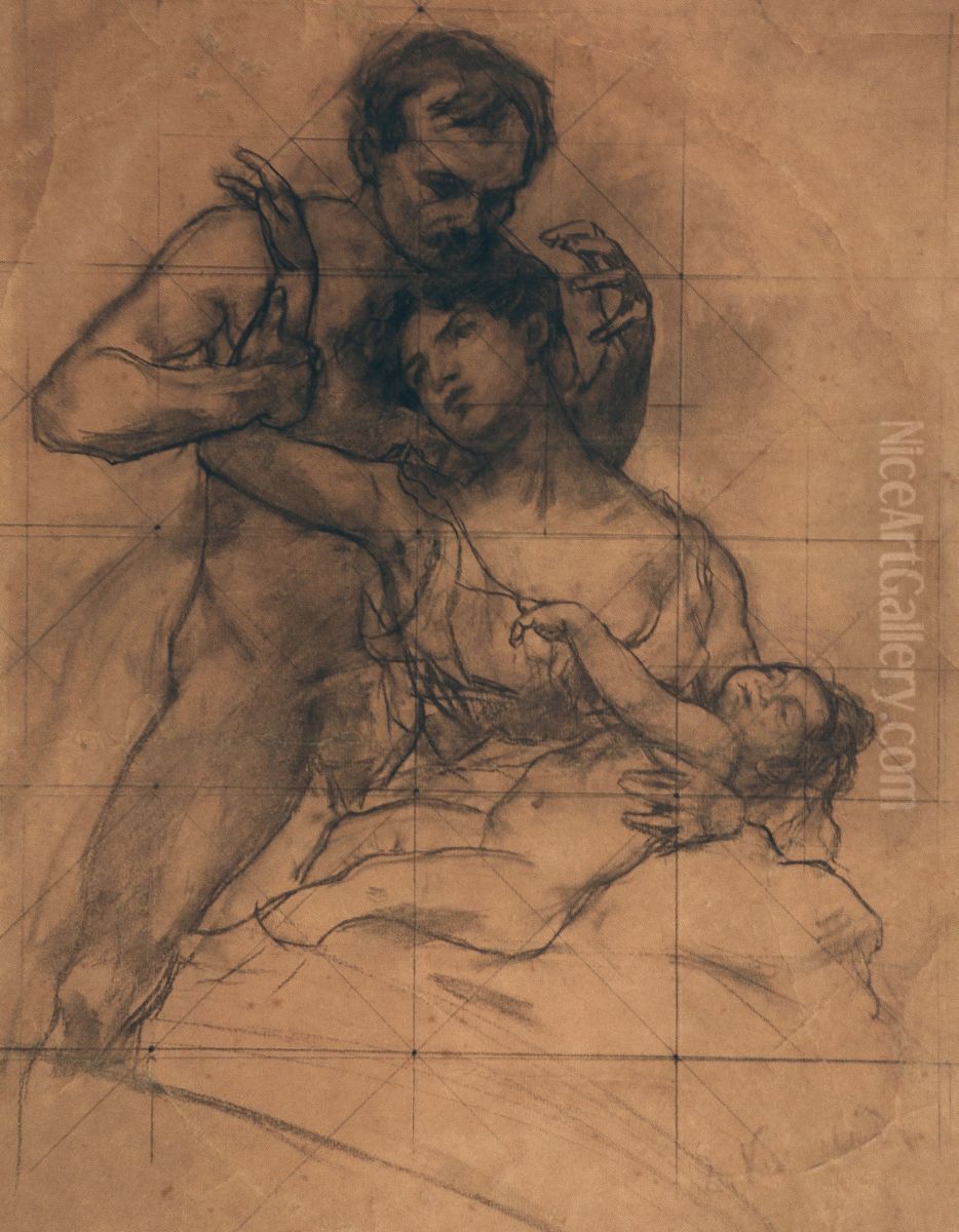 Casal com crianca - Estudo de detalhe para o primeiro friso sobre o proscenio do Theatro Municipal do Rio de Janeiro Oil Painting by Eliseu Visconti