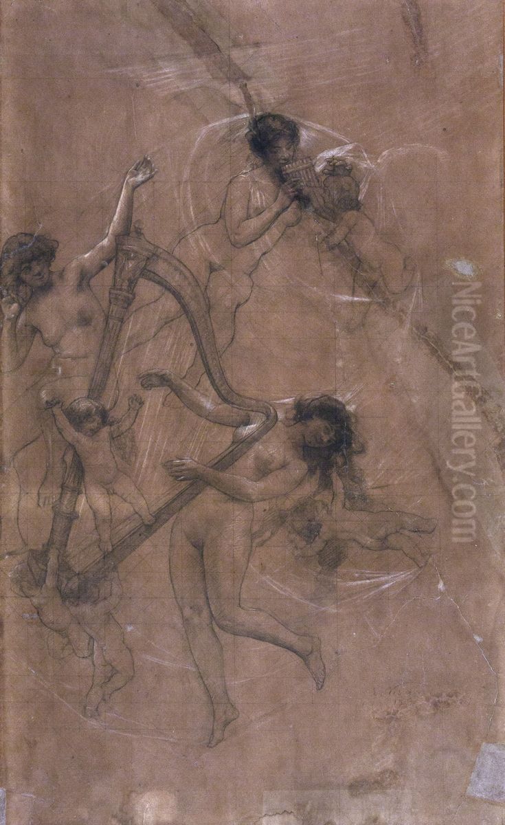 A Musica - Cartao de transferencia para o painel central do foyer do Theatro Municipal do Rio de Janeiro Oil Painting by Eliseu Visconti