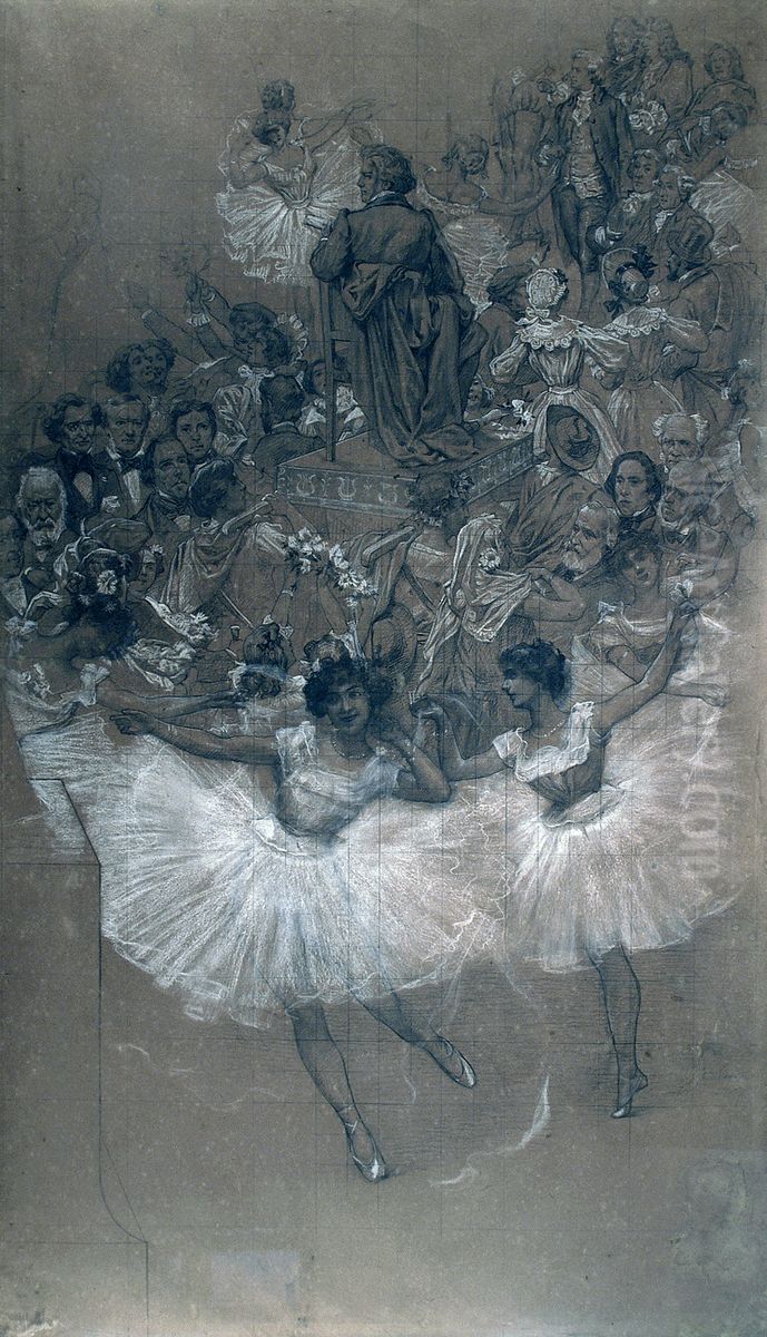 Bailarinas e Beethoven - Cartao de transferencia para o pano de boca do Theatro Municipal do Rio de Janeiro Oil Painting by Eliseu Visconti