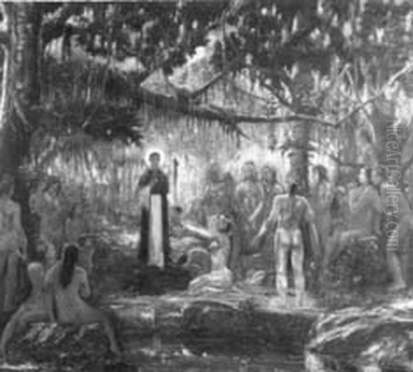 Evangelho na selva, da colecao Museu Historico Nacional Oil Painting by Manuel Faria Guimaraes