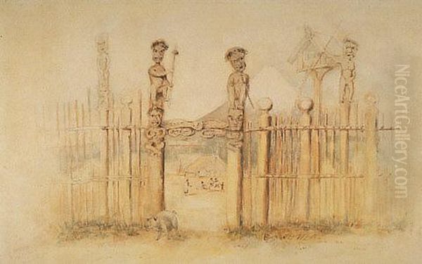 Carved gateway, Rangi Toa Pitea, Taranaki Oil Painting by Charles Heaphy