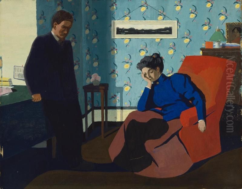 Interior with red armchair and figures Oil Painting by Felix Vallotton