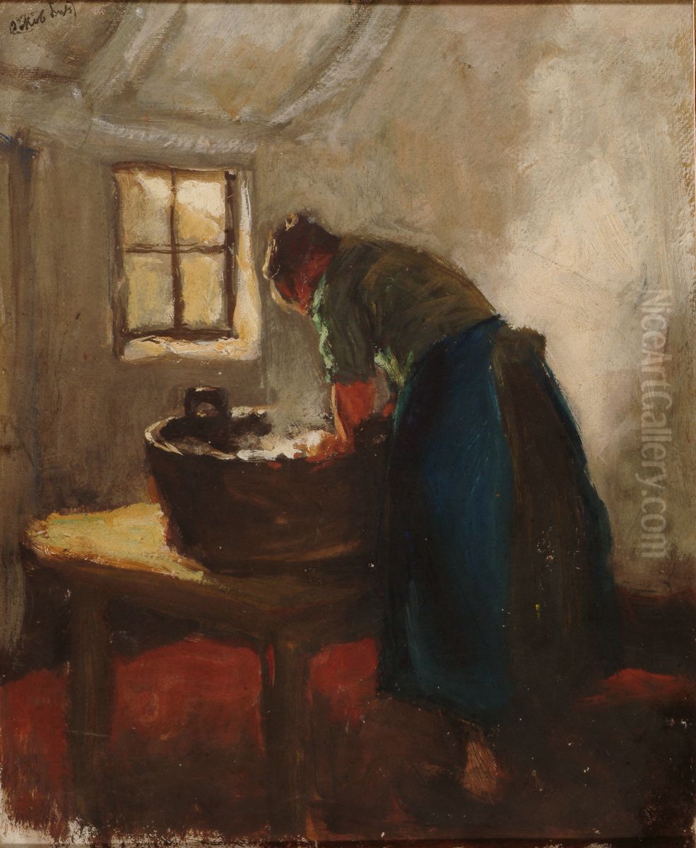 Vrouw aan de wastobbe Oil Painting by Jakob Smits
