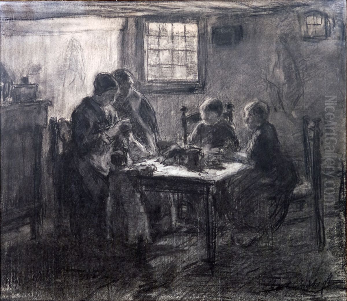Gezin aan tafel Oil Painting by Jakob Smits