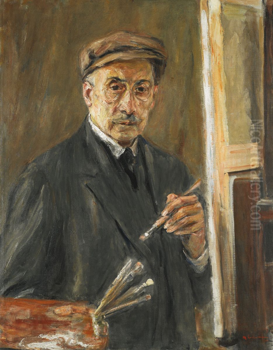 Self-Portrait Wearing a Coat with Brush and Palette Oil Painting by Max Liebermann