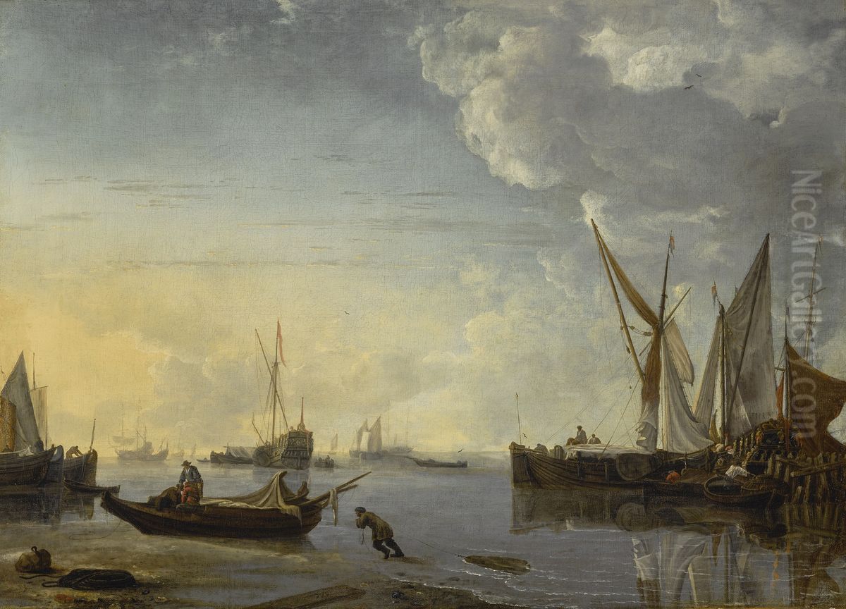 A Calm, with fishermen near a jetty Oil Painting by Hendrick Dubbels