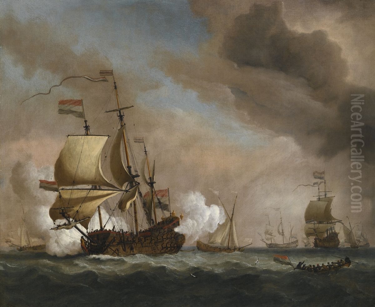 Dutch Flagship in a Fresh Quartering Breeze Oil Painting by Willem van de Velde the Younger