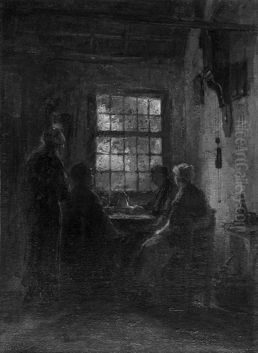 Boereninterieur met koffiedrinkers Oil Painting by Henricus Johannes Melis