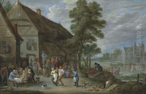 Peasants dancing outside an inn at Perck, with the Kasteel de Drij Toren beyond