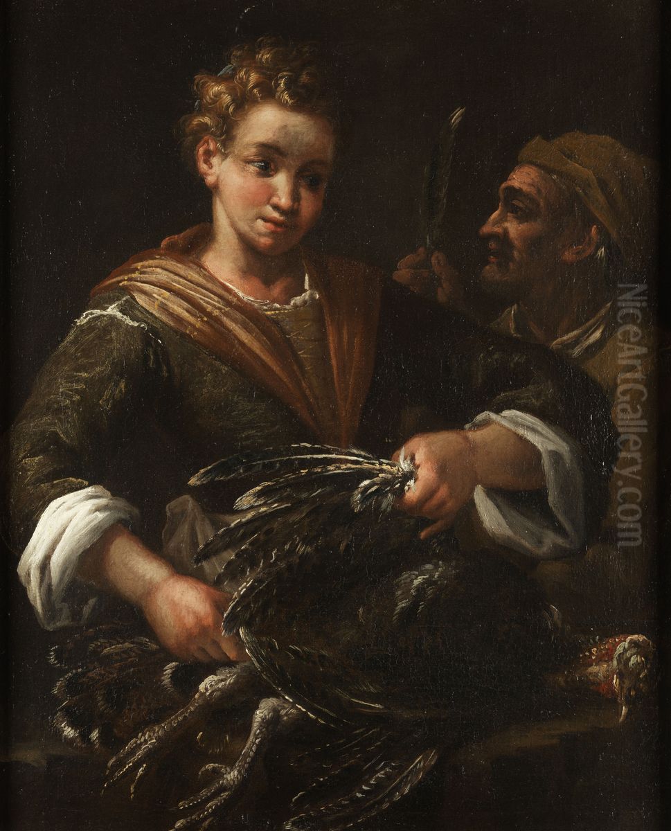 Young girl in a feather plucking Turkey Oil Painting by Felice Boselli