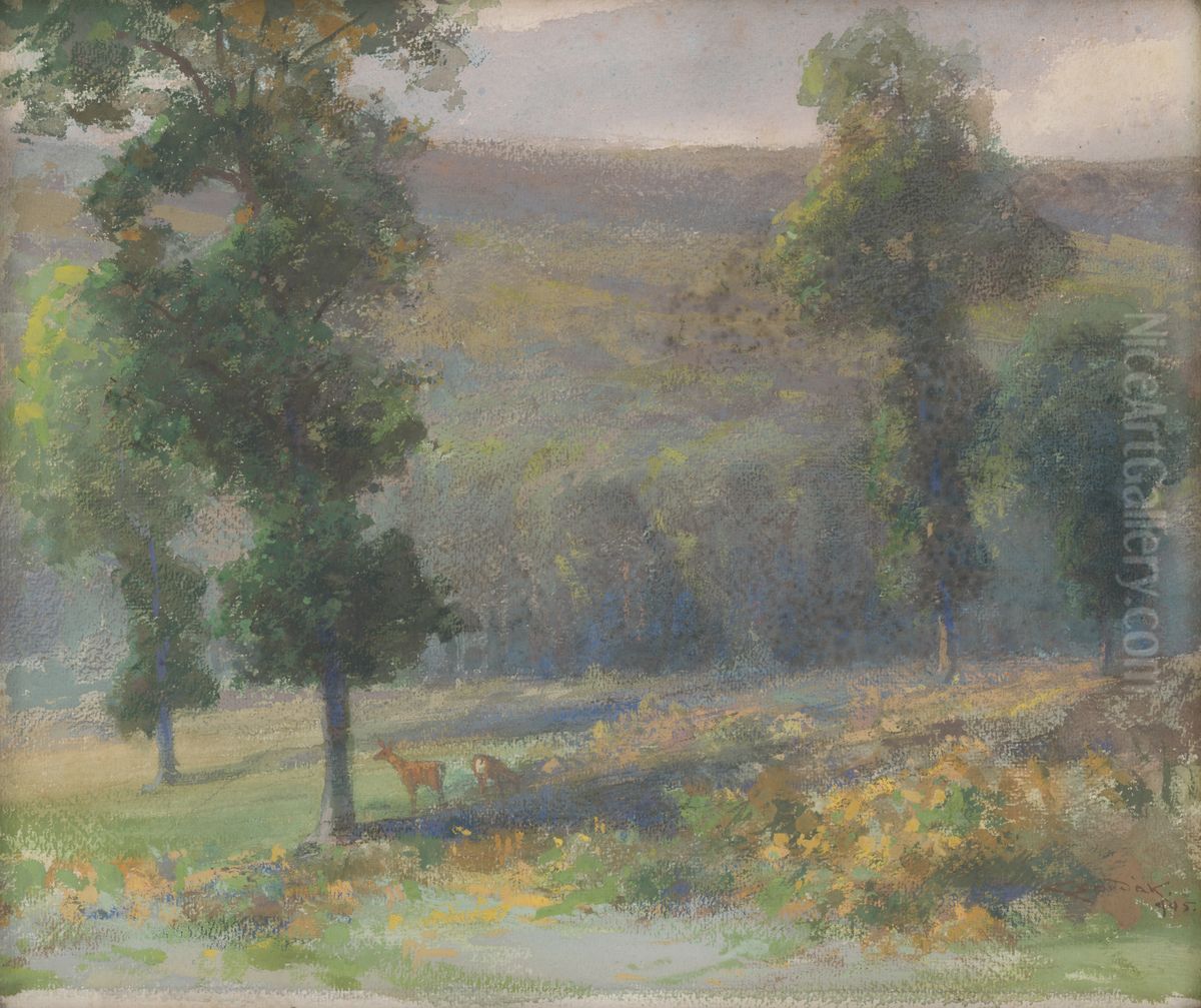 Lesik so srnami Oil Painting by Lajos Csordak