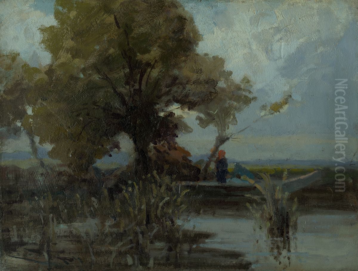 Kosaty strom pri jazere Oil Painting by Lajos Csordak