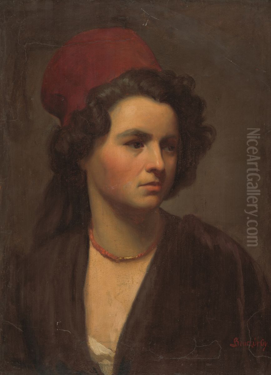 Podobizen dievcata v cervenej satke. Oil Painting by Gyula Benczur