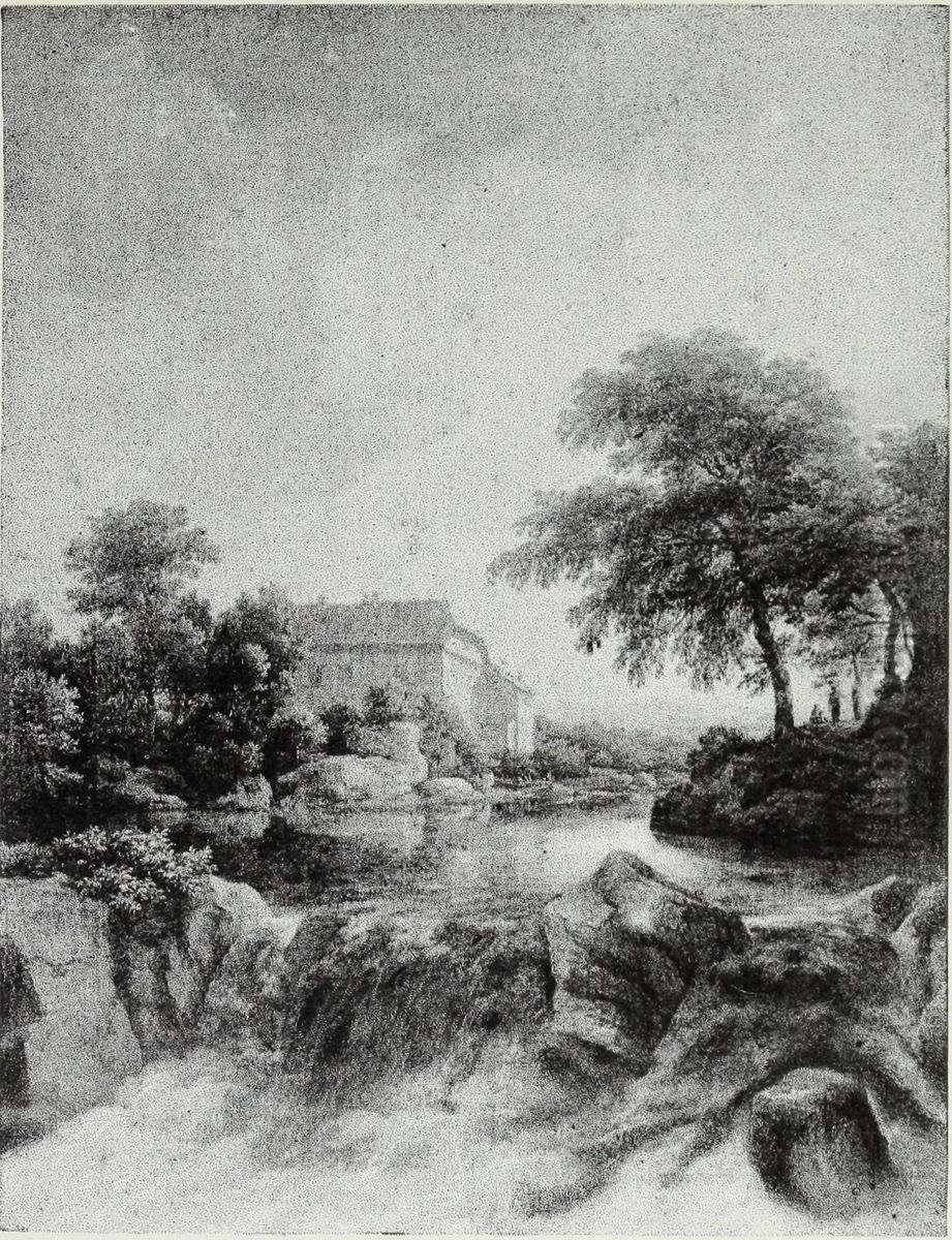 A Cascade, with a farm on the left Oil Painting by Jacob Van Ruisdael