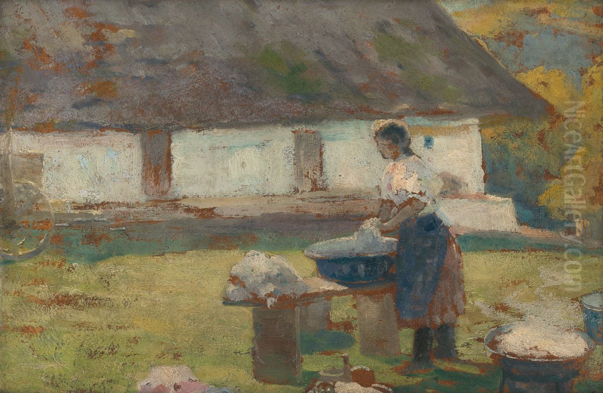 Pracka pred stromom Oil Painting by Lajos Csordak