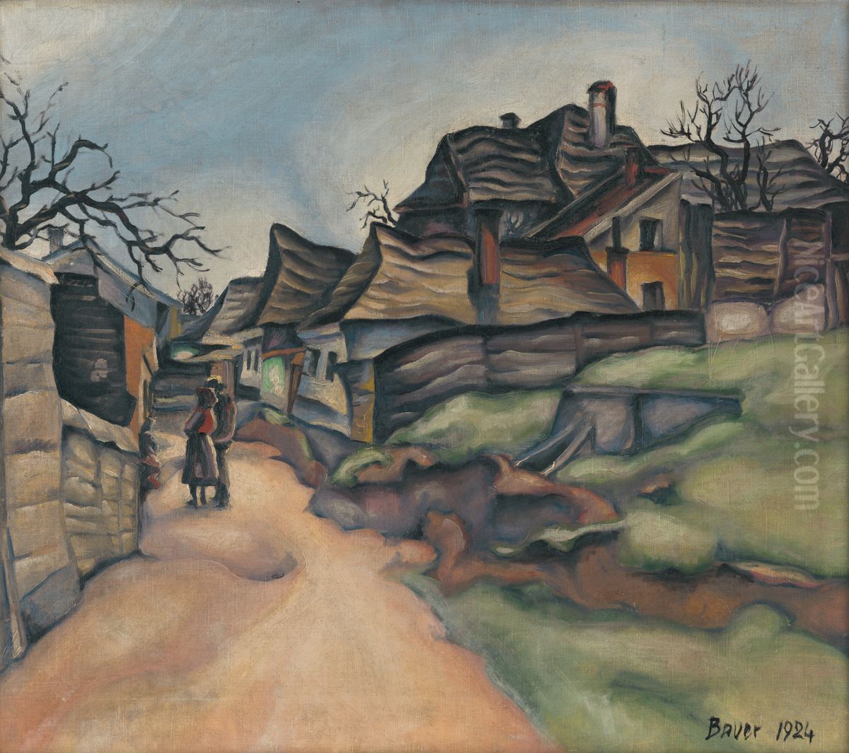 Domy na dedine s figuralnou stafazou Oil Painting by Konstantin Bauer
