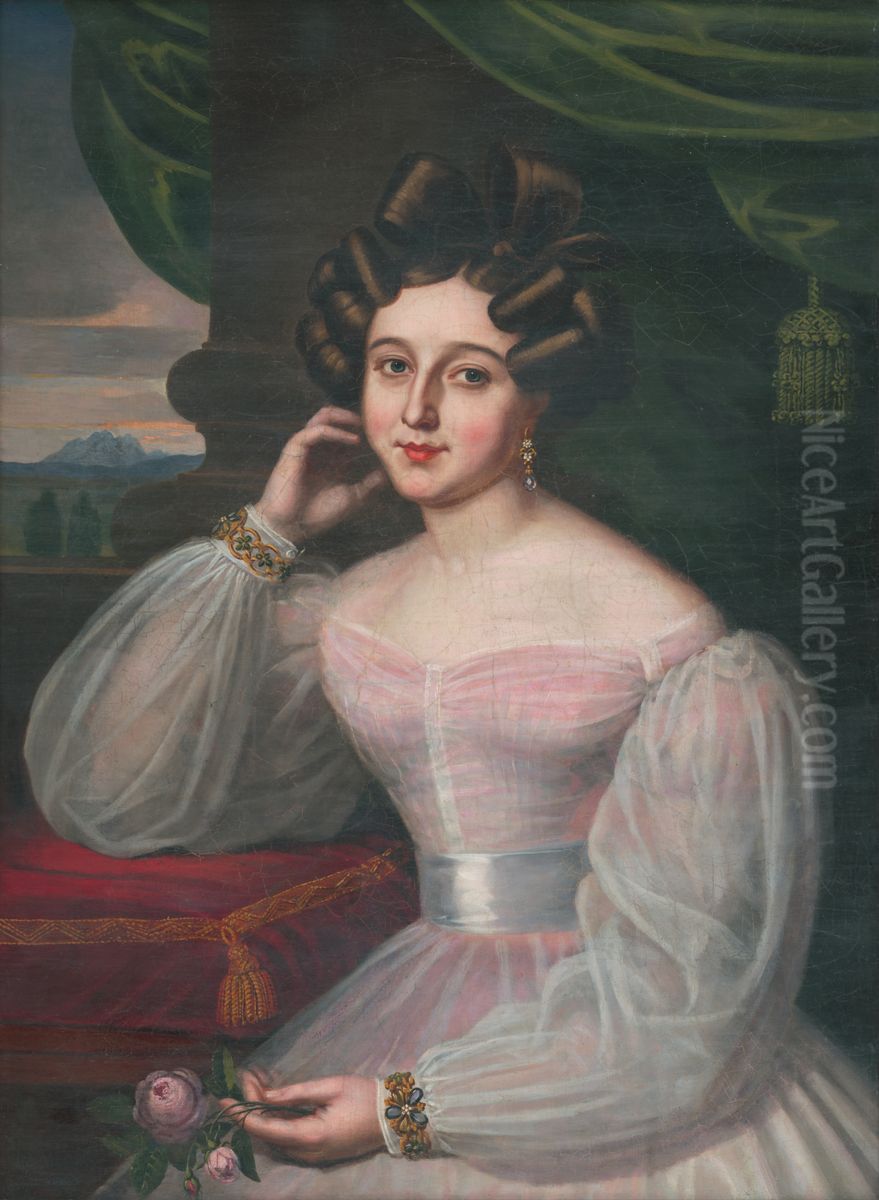 Podobizen damy mladej v ruzovkastych satach s ruzou Oil Painting by Janos Rombauer