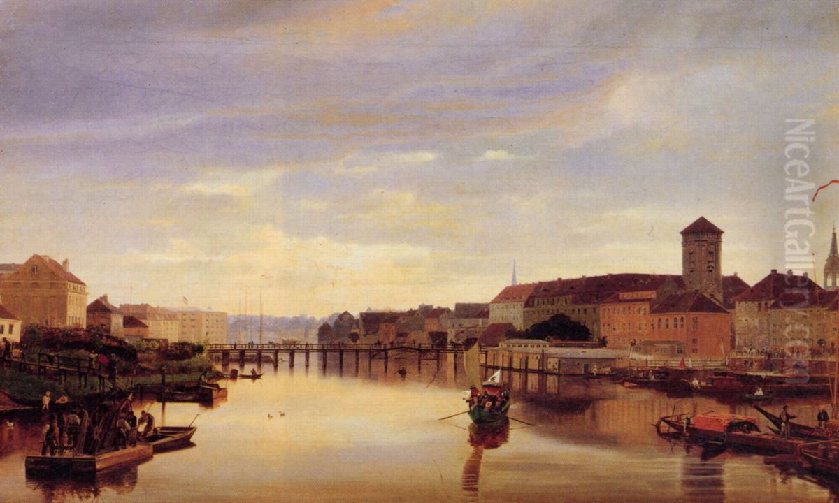 View downward the Spree river seen from Jannowitzbrucke Oil Painting by Eduard Gaertner