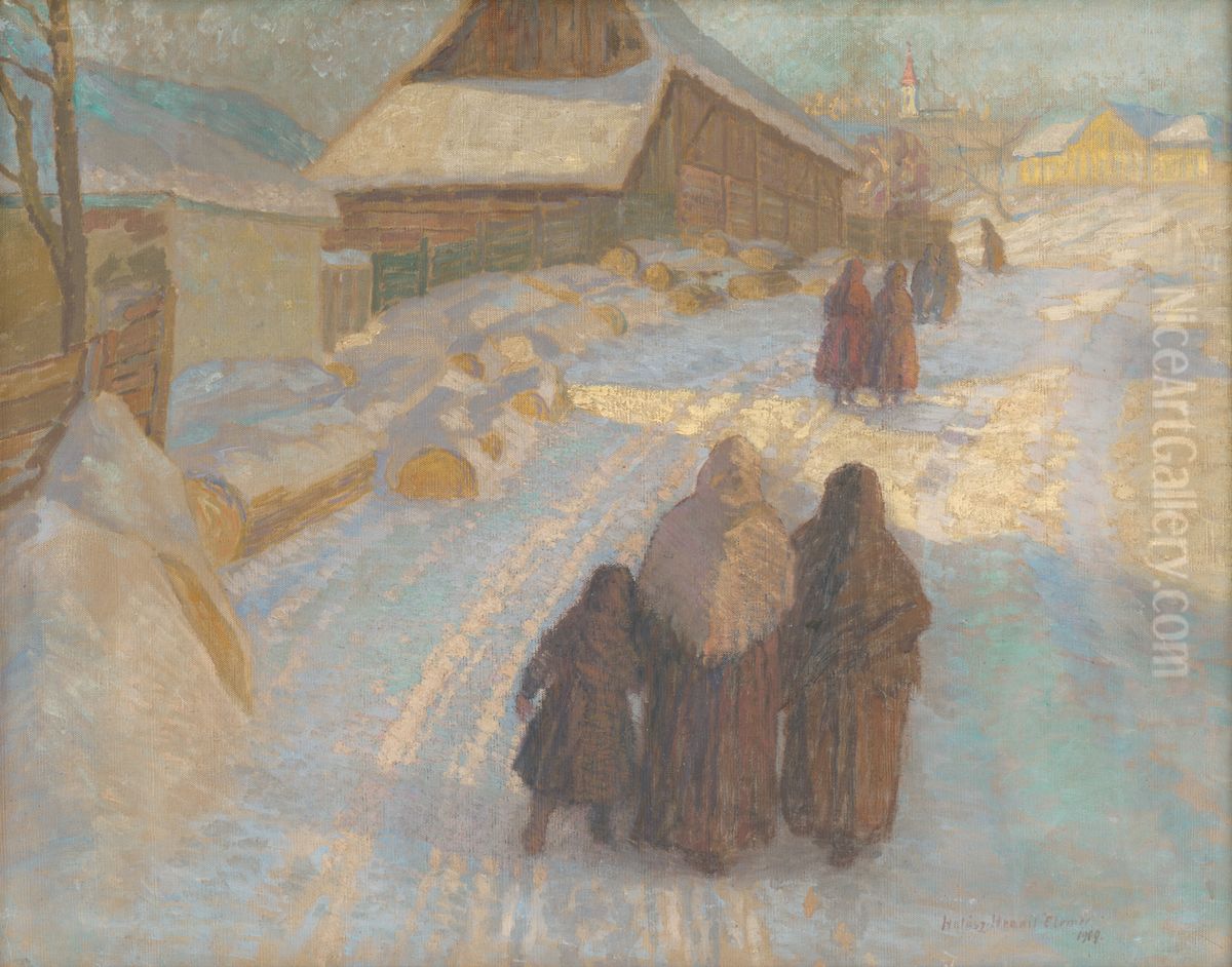 Zima na dedine Oil Painting by Elemir Halasz-Hradil