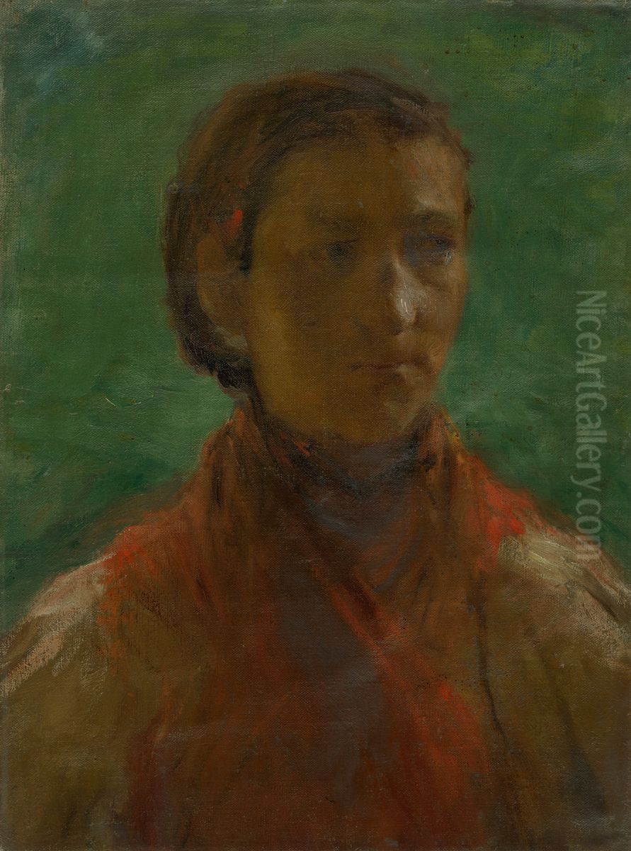 Dievca v cervenych satach Oil Painting by Elemir Halasz-Hradil