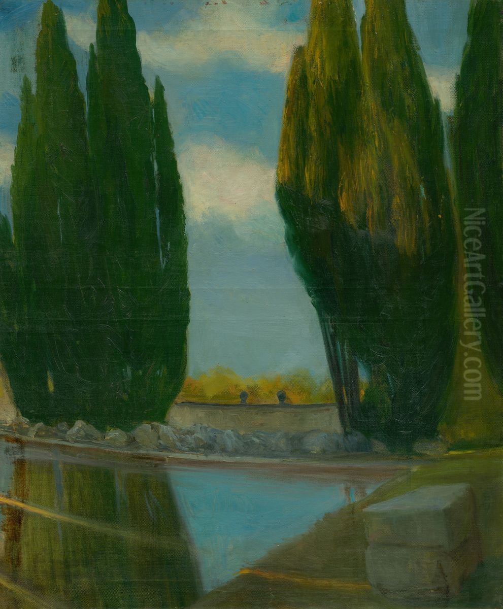 Krajina s jazerom Oil Painting by Akos Aranyossy
