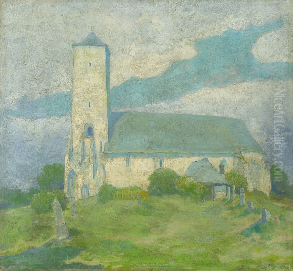 Kostol vo Svinici Oil Painting by Lajos Csordak