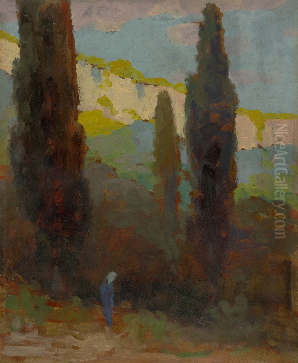 Topole pri ceste Oil Painting by Lajos Csordak