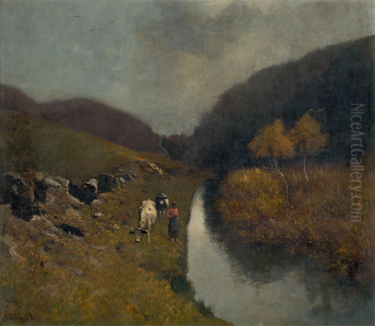 Krajina s kravami Oil Painting by Bela Spanyi