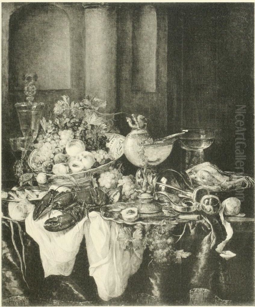 Stilleven met fruit, kreeft, glas- en zilverwerk en een Oil Painting by Abraham Van Beijeren