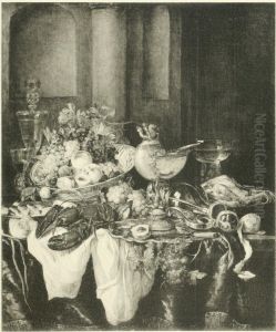 Stilleven met fruit, kreeft, glas- en zilverwerk en een
